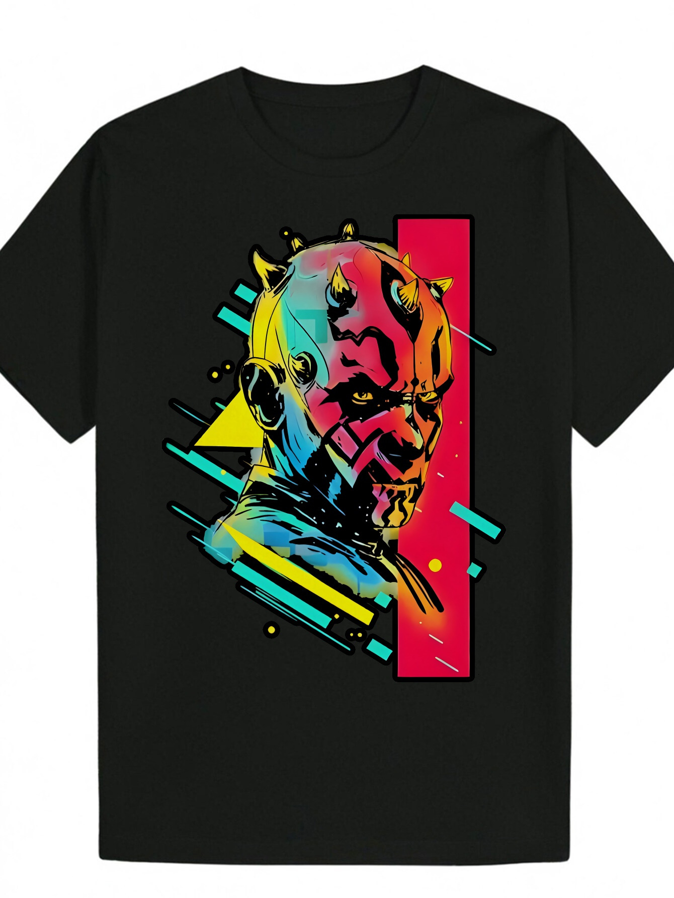 Men's Summer Casual - Bold Portrait Print, Black with Vibrant Red/Yellow/Blue Tones, Breathable Polyester Fiber, Regular Fit, Machine Washable, A