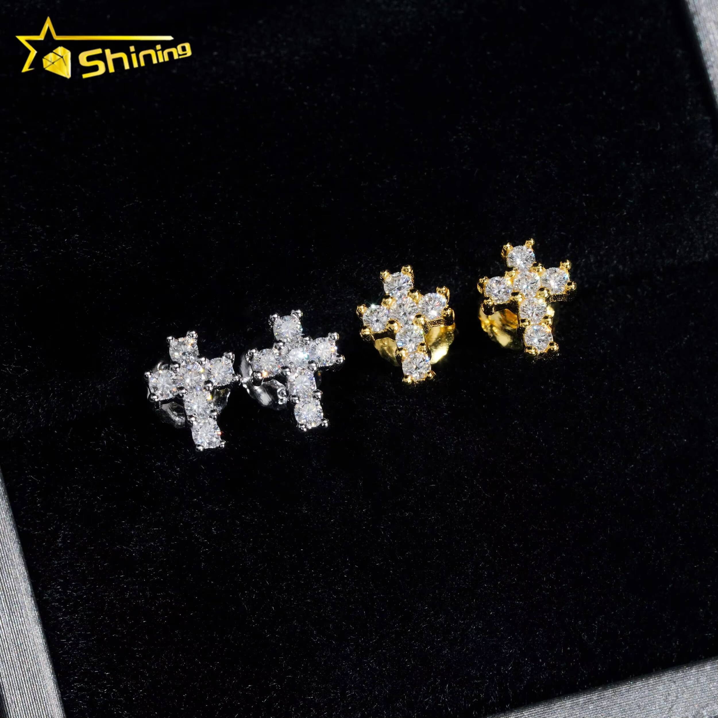 Wholesale Bulk Fashion Hip Hop Stud Moissanite Diamond 925 Sterling Silver Cross Earrings