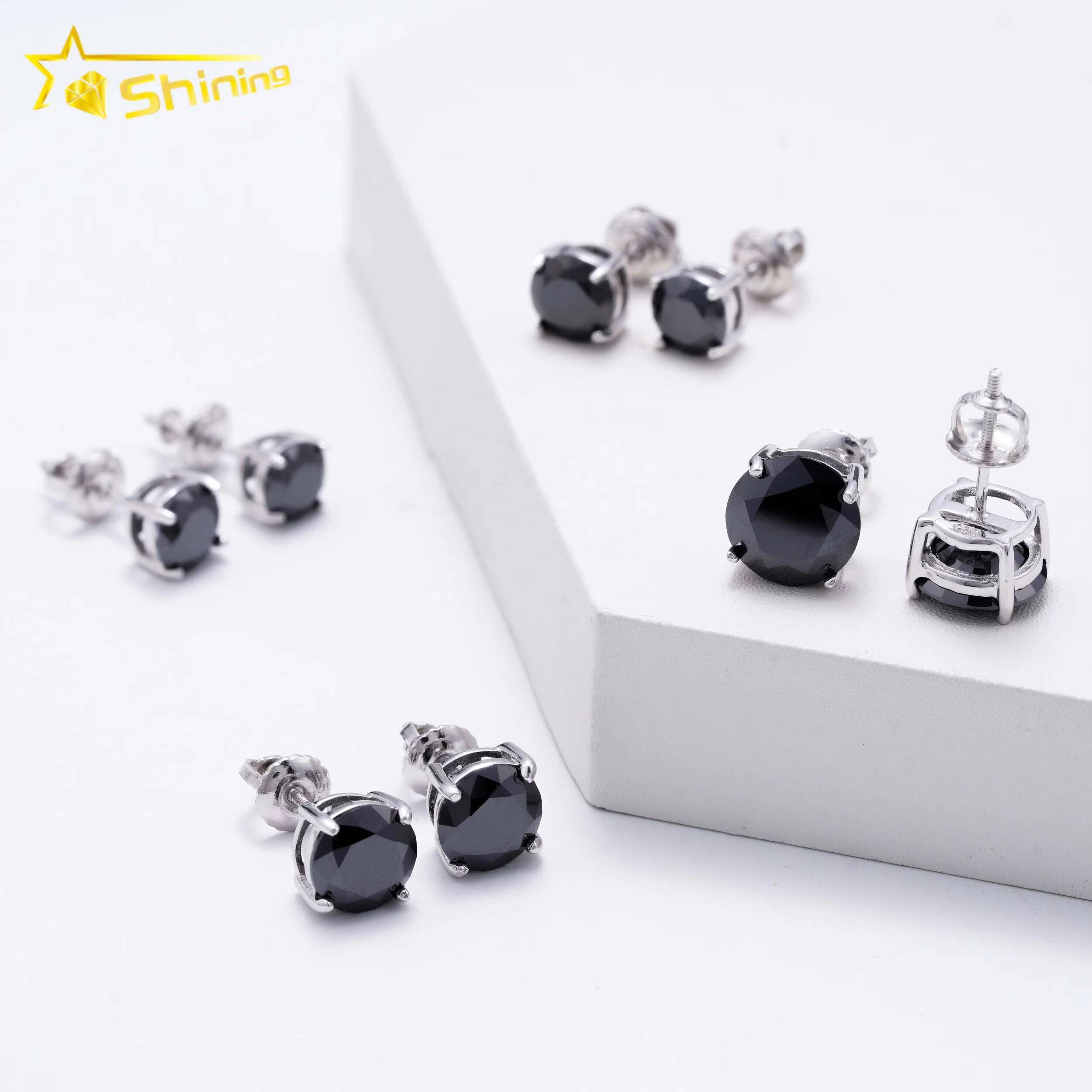 Classic 4 Prong Screw Back Ear Stud 925 Sterling Silver 1ct 2ct 3ct Hip Hop Black Moissanite Earrings