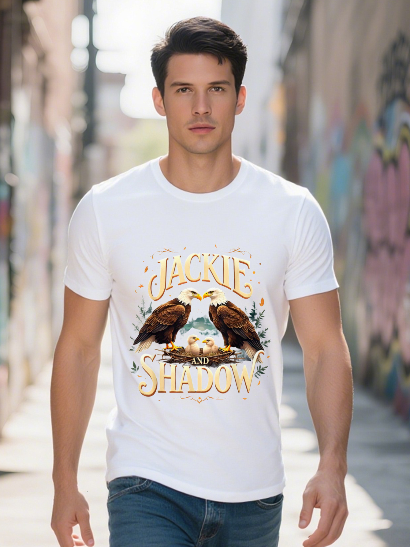 Men s g Cotton T Shirt Vintage Bald Eagle Family Graphic with Jackie Shadow Design Autumn Leaves Full Moon 57dd0