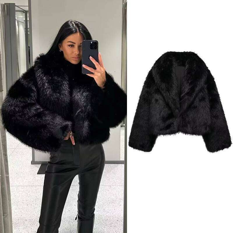 hoodie Black Faux Fur Coat for Women Autumn Winter Plush and Jackets Streetwear Outerwears Long Sleeve Warm Womens Coats jacket12423