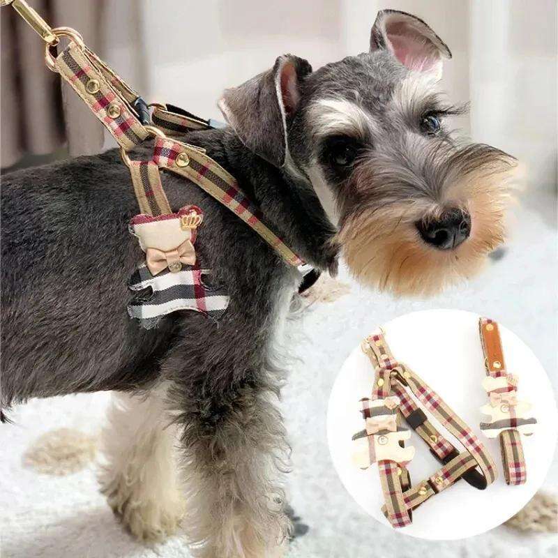 Designer Sets Classic Plaid Bow Teddy Collar Dog Walking Rope Chain For Small Medium Pet Harness Suit Leash Set S Free shipping
