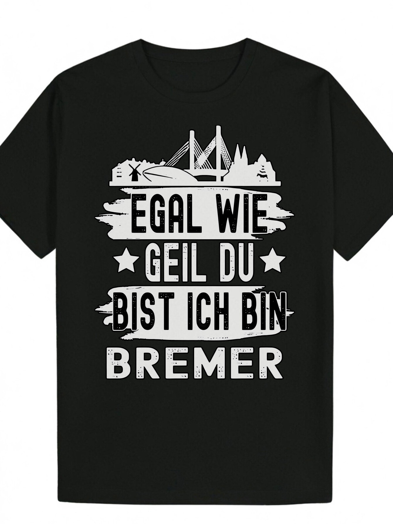 Men's Summer Casual Short Sleeve - Black Polyester Crew Neck T-Shirt with White Bremen Cityscape Pattern and German Letters, Machine Washable Reg