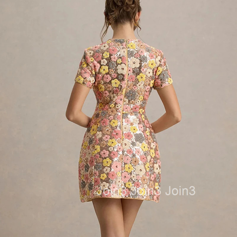 Woman Short Sleeve Floral Print Sequin Mini Dress Glam Flower Sequins Party Dresses Bohemian Luxury Birthday Dress