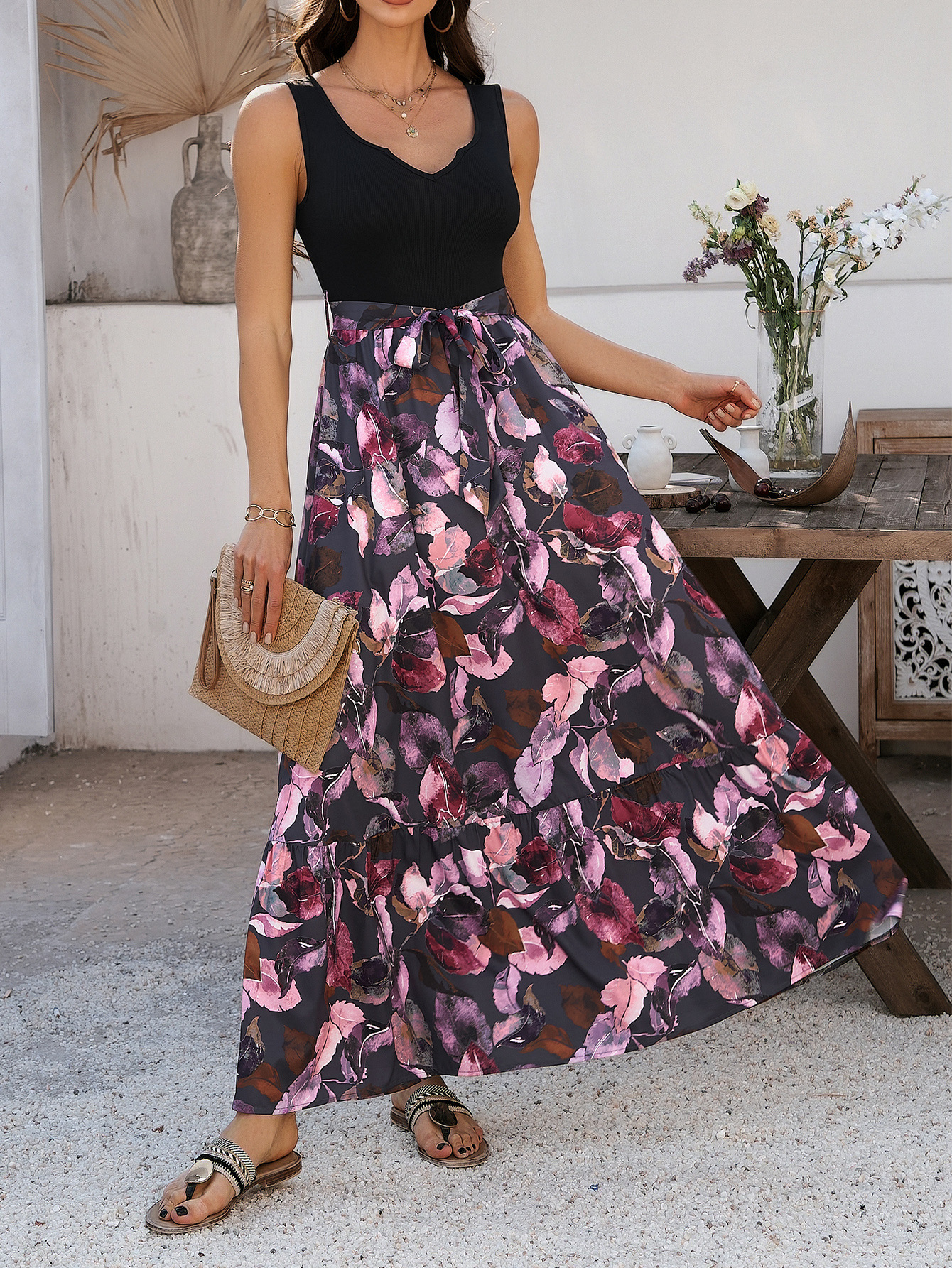 D811Printed Tie-Drape Maxi Dress Women's 2025