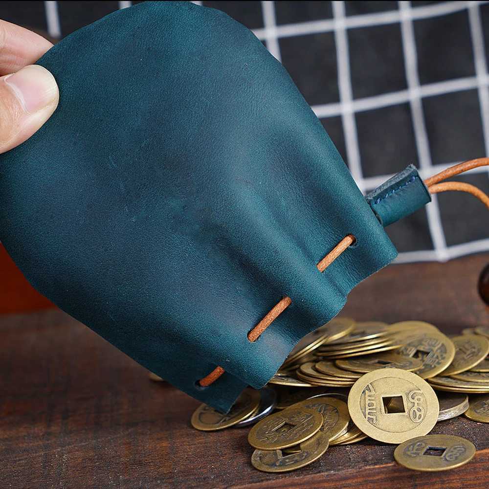 Travel Drawstring Coin Pouch Vintage Leather Cinch Sack Purse for Cash Keys Organizer Handheld Mini Wallet Organizer G250802