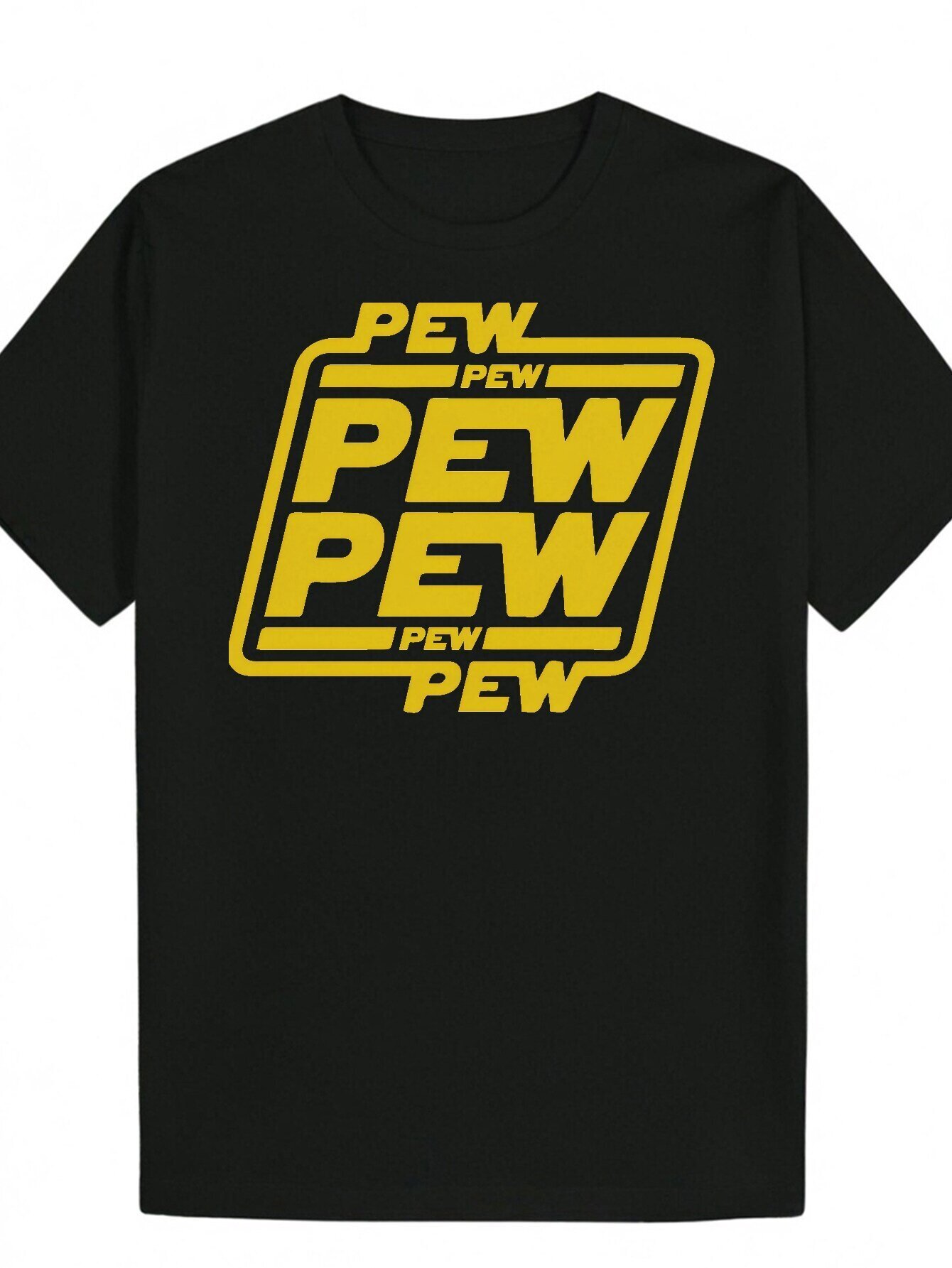 Men's Summer T-Shirt with 'PEW PEW' Graphic Design - Black Polyester, Crew Neck, Regular Fit, Casual T-Shirt|Bold Letter Print|Elastic 