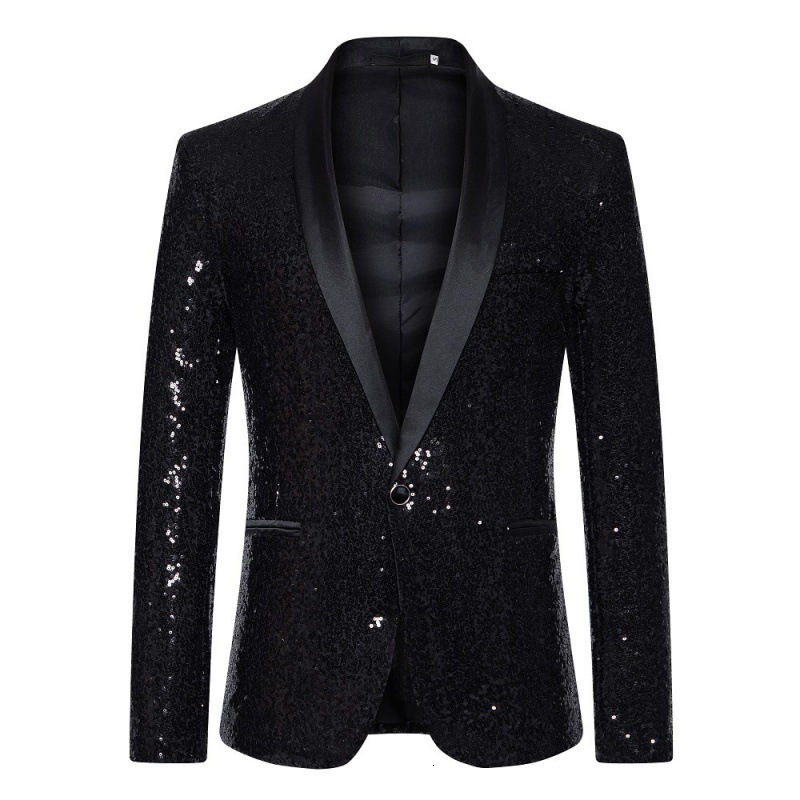 Men's Suits Blazers Mens Black Jacquard Bronzing Suit Jacket Blazer Shawl Collar One Button Blazers Men Party Wedding Stage Singer Costume Homme 