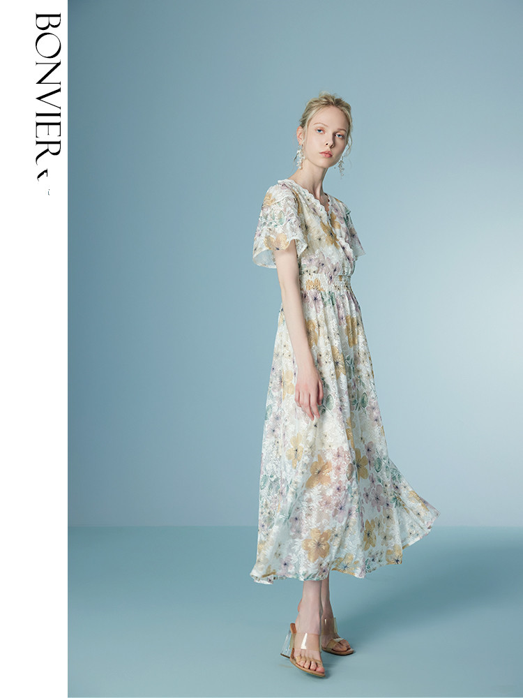 2025 summer new style ruffled high waist slim lace French elegant floral dress 6116190