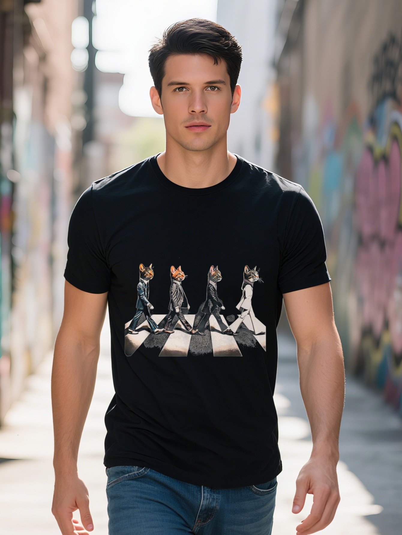 Men S g Cotton Distressed Cat Playing Guitar Music Band Funny Heavy Meowtal T-shirt 33e9f