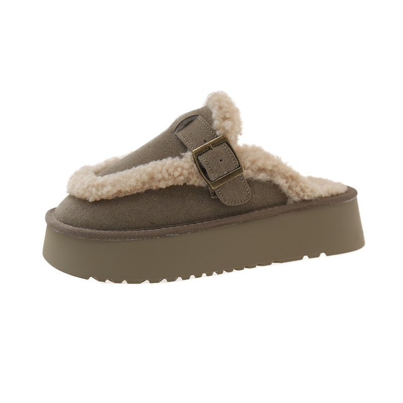 Women's Outdoor Cotton Slippers New 2025 Autumn/Winter Style Fleece-lined Fluffy Lazy One-step-on, Closed-toe Half Slippers