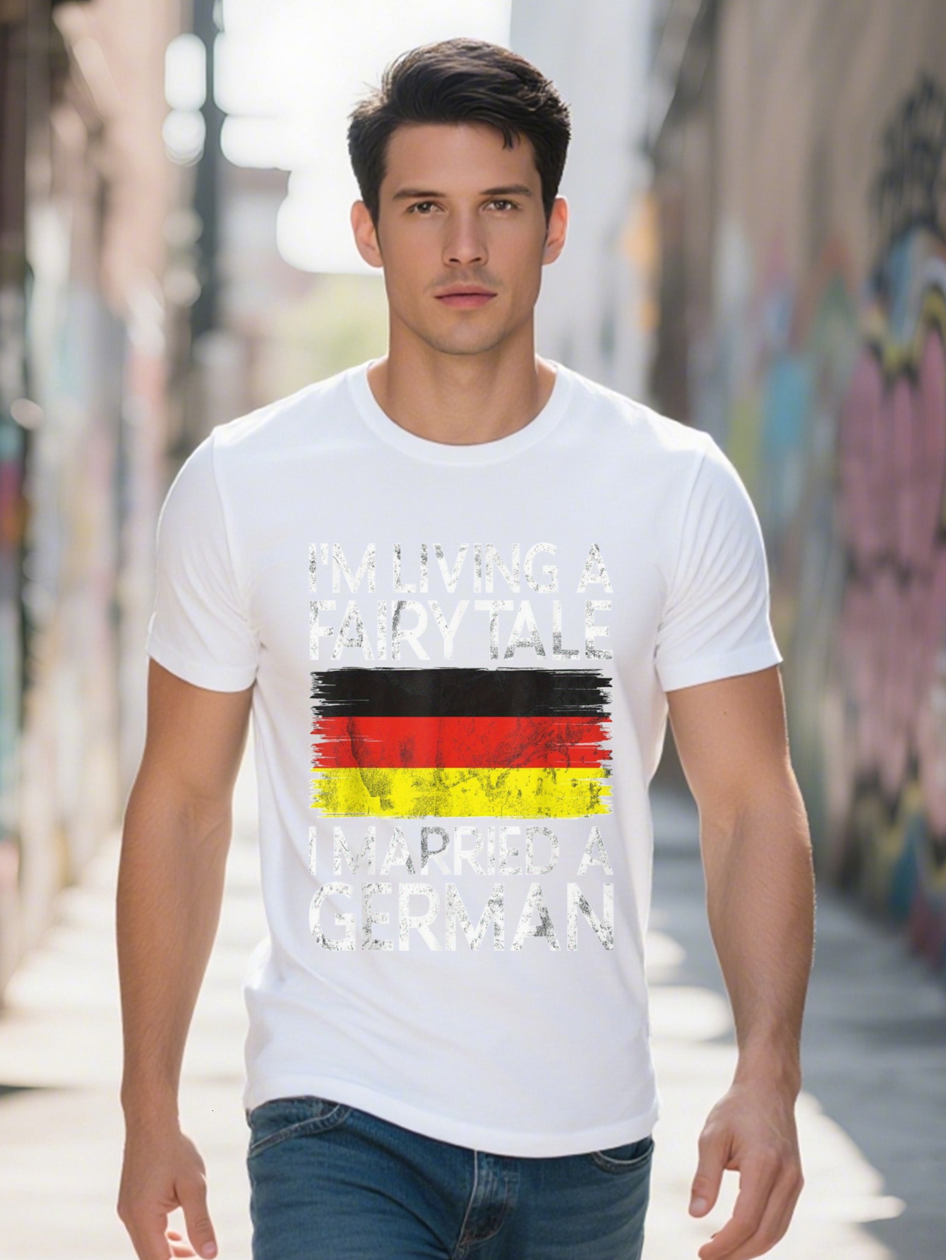 Men s m Living Fairytale I Married a Graphic T-Shirt Distressed German Flag Black Casual Short Sleeve Tee Regular ac70a