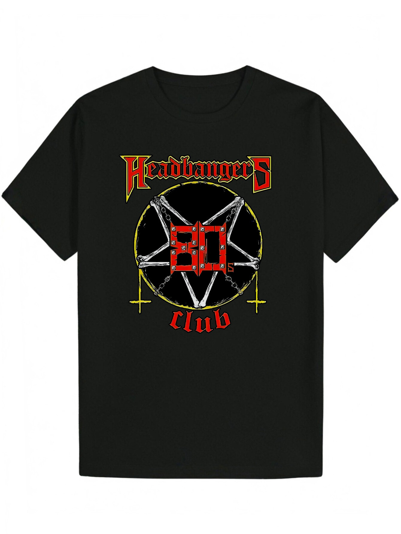 Men's Summer Casual Graphic T-Shirt - Headbanger 80 Club Design with Pentagram and Cross Sword, Black Polyester Crew Neck Machine Washable, Suita
