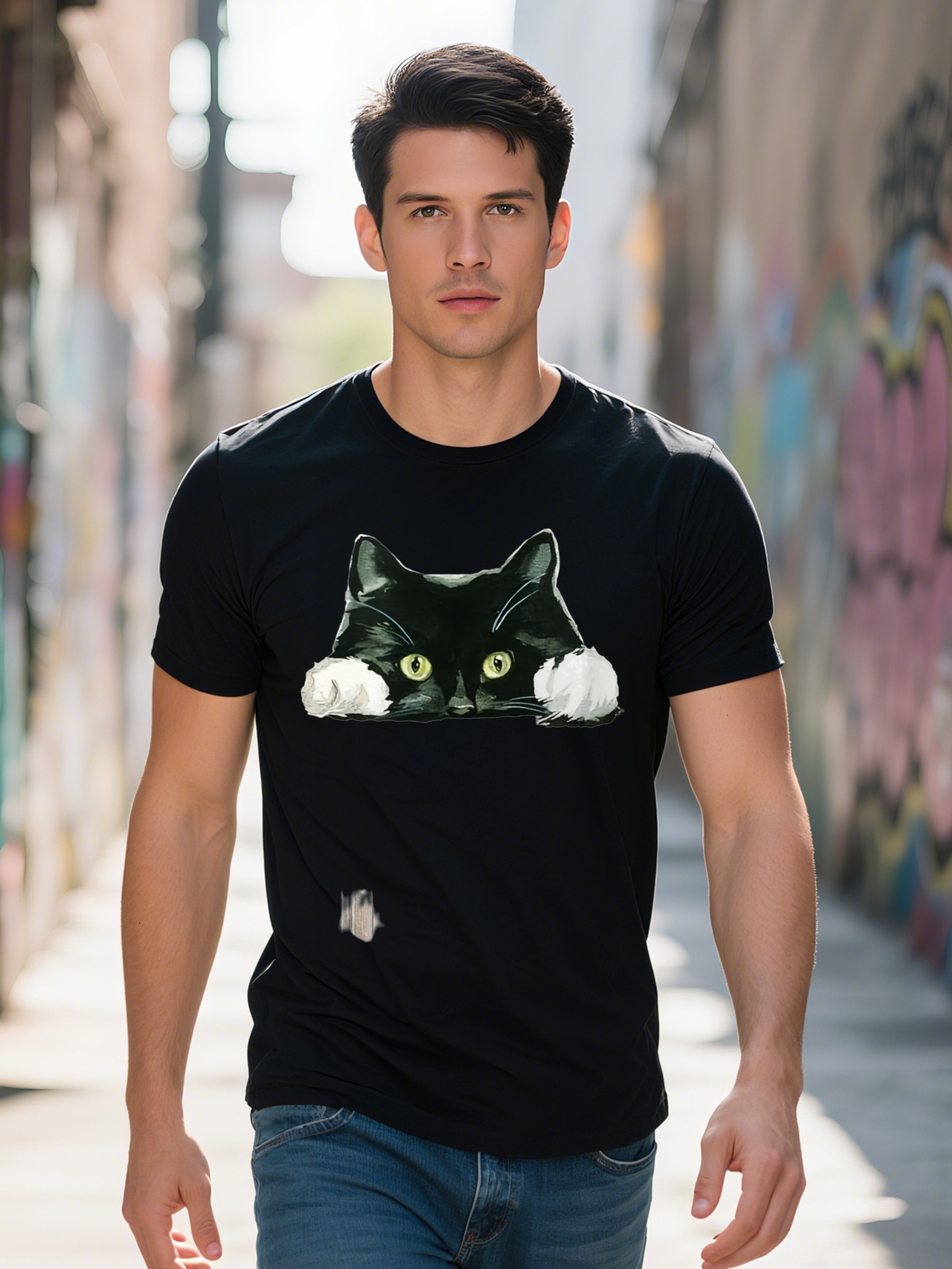 Men s Casual Cotton T Shirt With Black Cat White Paw Pattern Short Sleeve Crew Neck is Breathable and Soft ce126
