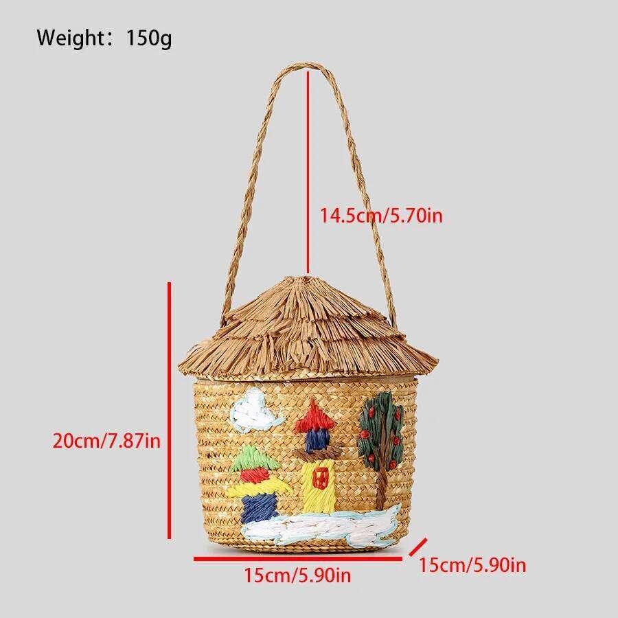 Creative Cartoon House Women Shoulder Bags Paper Woven Cute Handbags Handmade Summer Beach Bag for Children