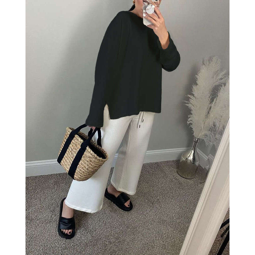 Style Loose Long Sleeve Split T-Shirt For Women, Solid Color 100% Cotton Top, Spring Summer Women's Clothing B5 b7