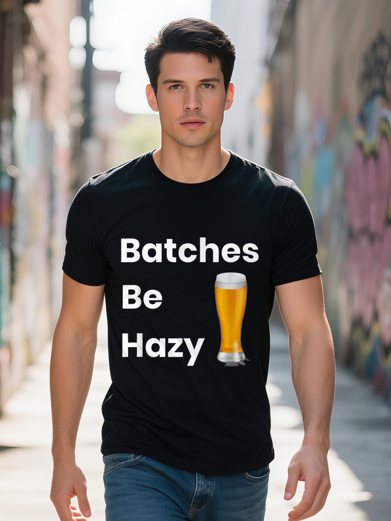 Men s Batches Be Hazy Brewery Graphic T Shirt Cotton Casual Short Sleeve Tee with Beer Mug Design Black 3858f