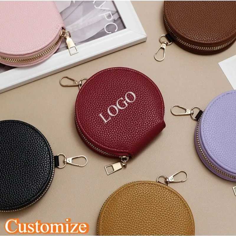 Customized Keychain Blank Laser Engrave PU Leather Womens Zipper Coin Purse Portable Round Mini Personalized Hanging Bag G250802