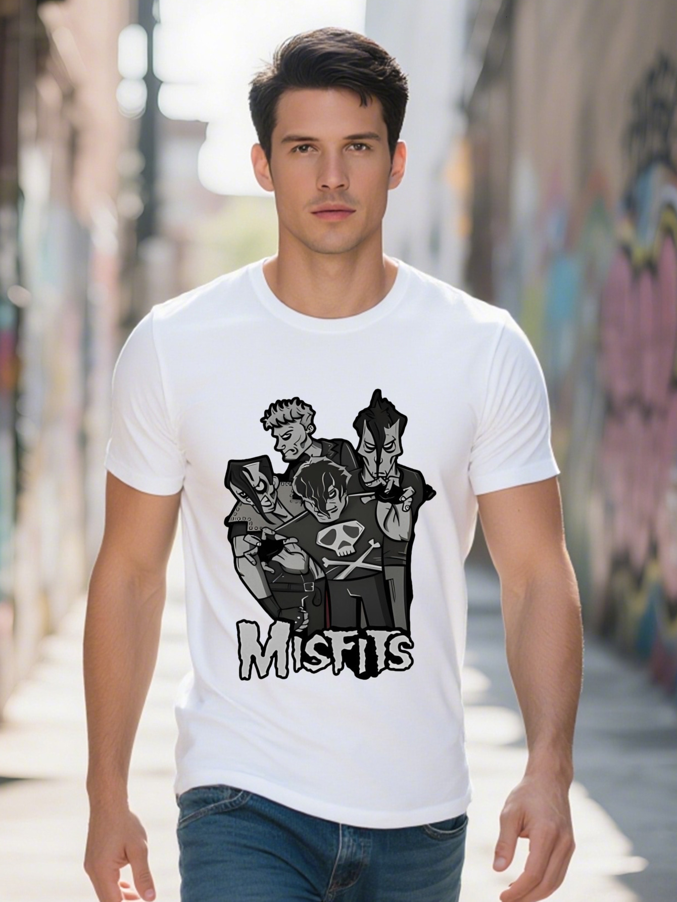 Men s Misfits Graphic T Shirt Black Crew Neck Tee with Cartoon Character Design Summer Essential for Casual Attire 76414