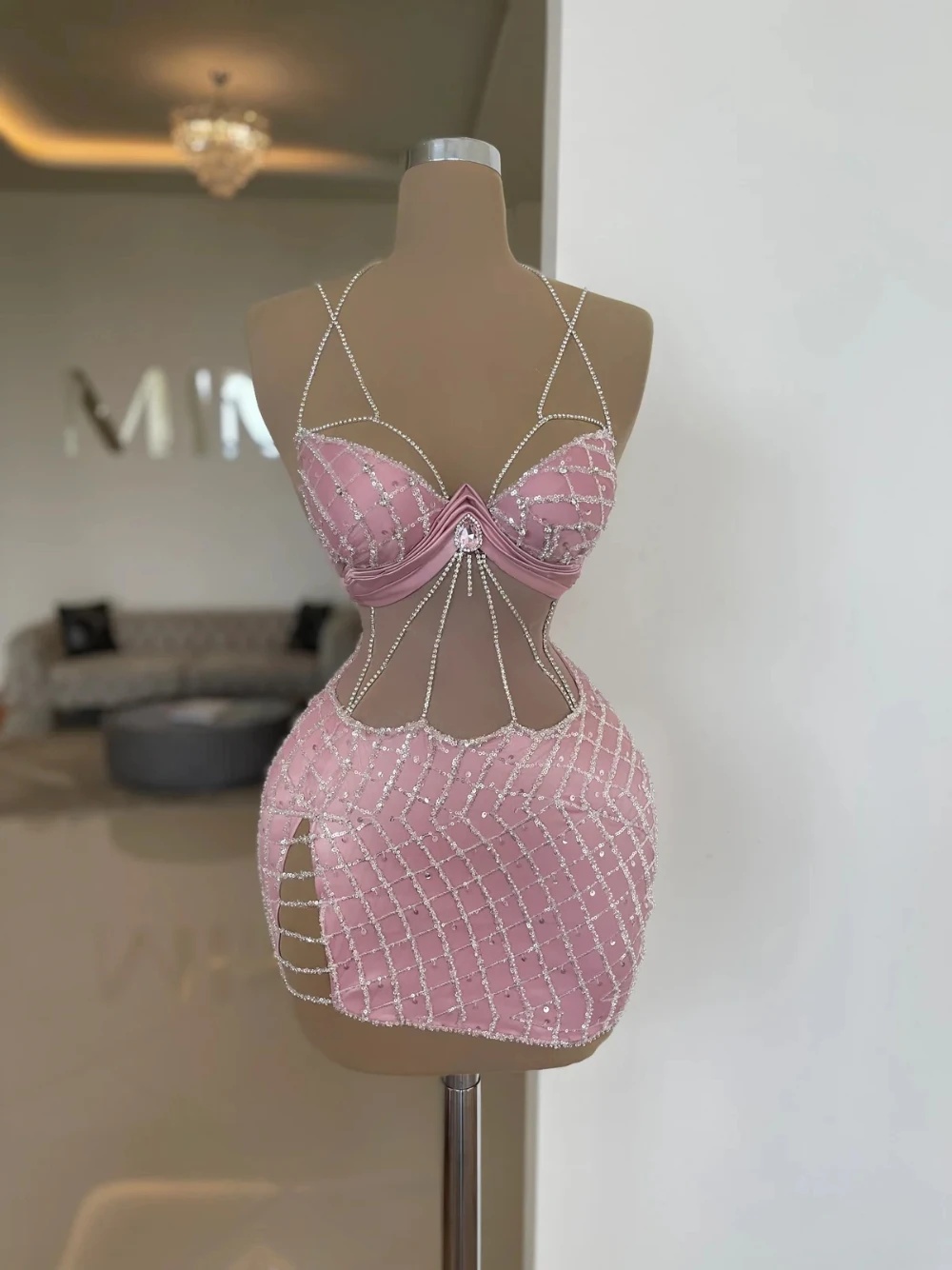 Sexy Mini Evening Dresses For Women Sheer Neck Sleeveless Gown Sequins Crystal Short Dress Party Customized Dress