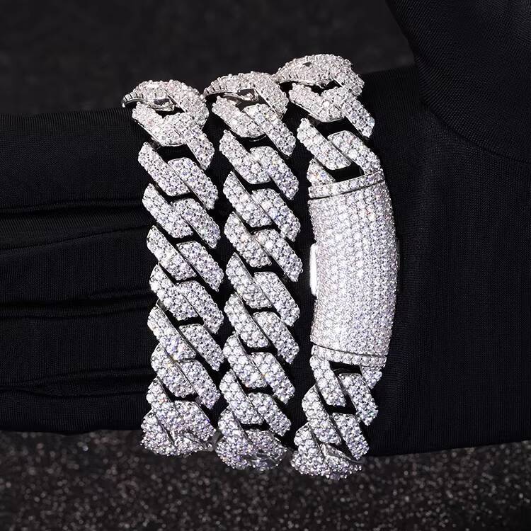 IRTS Moissanite Gra Certificated Cuban Chain14mm 2 Rows 925 Silver Hip Hop Moissanite Pass Diamond Test Cuban Link Chain