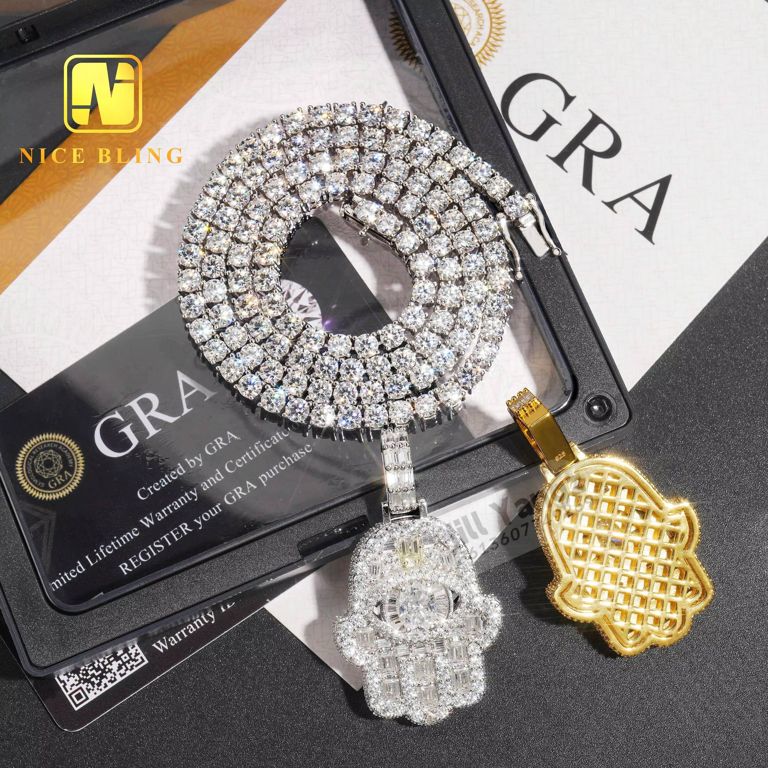 Big Stone Eye Fatima Hamsa Hand Charms Jewelry Moissanite Silver Hip Hop Rock Iced Out Christmas Gift for Women Men