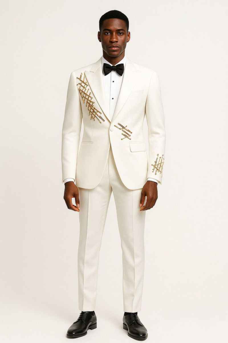New Fashion Wedding Tuxedos Men Suits 2 Pieces Peaked Lapel Jacket One Button Appliques Customized Pockets Bridegroom Formal Prom Party Tailored