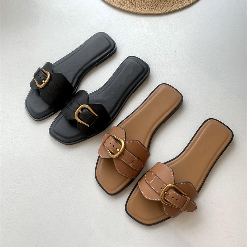 2025 New Metal Buckle One-strap Luxury Designer Sandals Women's Summer Outdoor Flat Fashion Sandals Square Toe Soft Sole Women's Slippers