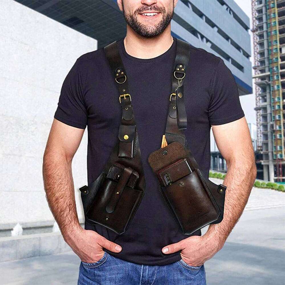 Retro Anti-Theft Leather Double Armpit Bag Outdoor Fashion Adjustable Wallet Phone Case For Men Shoulder Holster Bags