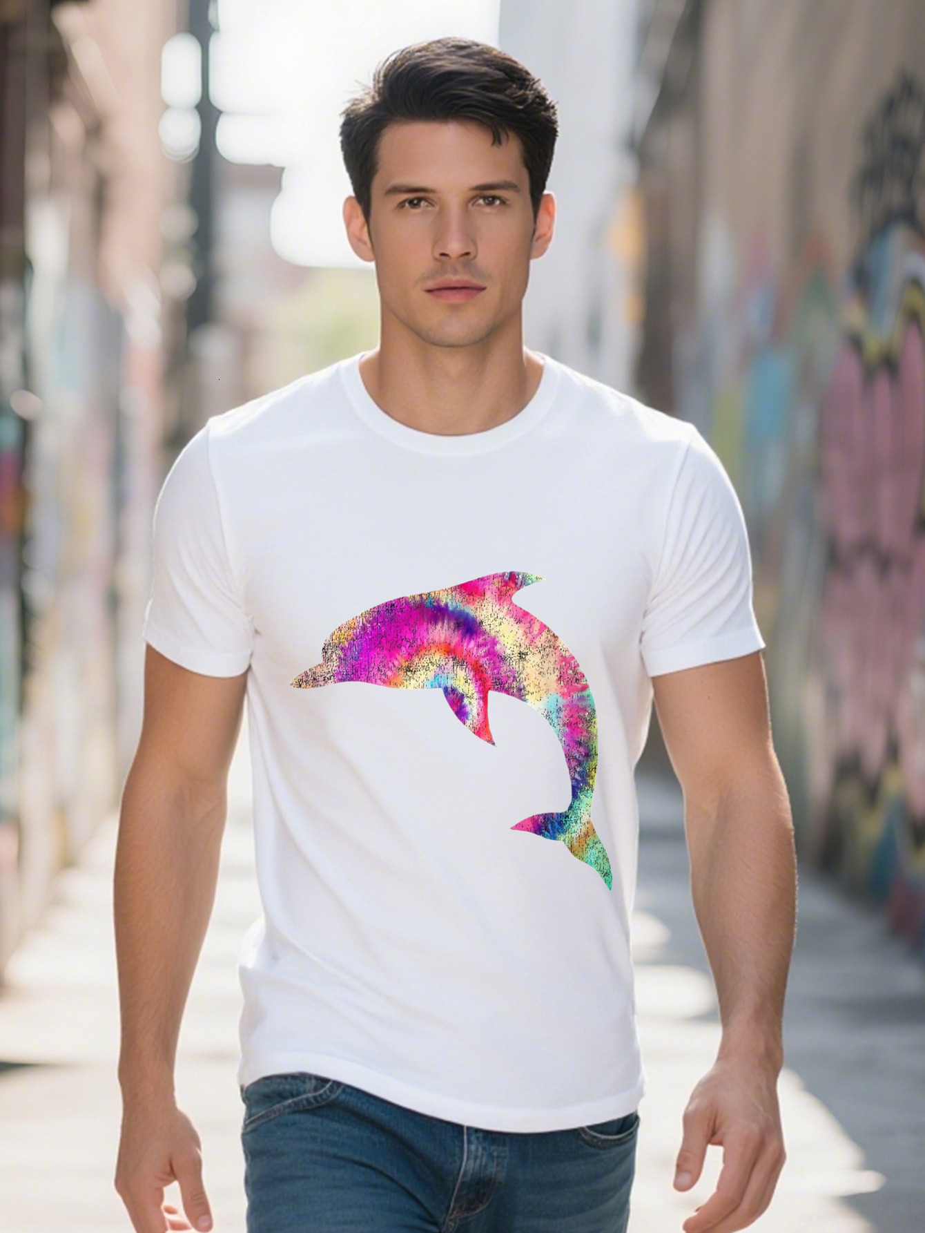 Men's T-shirt g Cotton Cool Tie Dye Dolphin Silhouette Artwork T Shirt