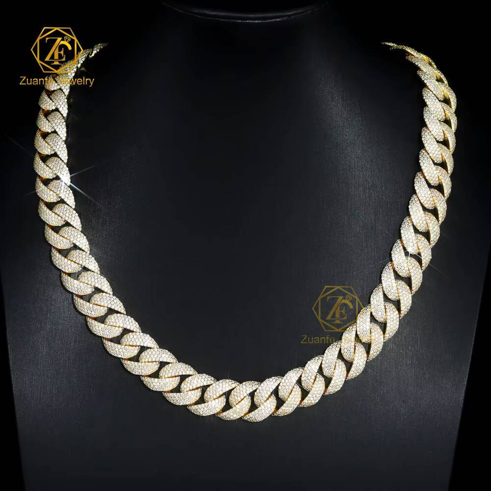 Yellow Gold 6-15mm Moissanite 4 Rows Cuban Link Necklace Miami 925 Silver Hip Hop Jewelry Moissanite Cuban Chain