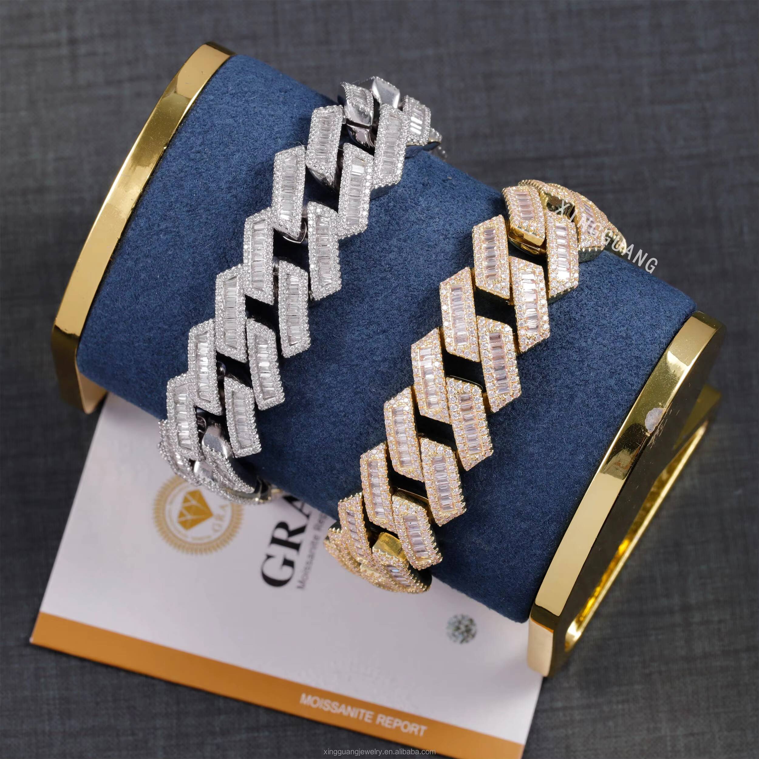 Hip Hop Rapper Cuban Bracelet 20mm Wide S925 Silver Bracelet for Men Women VVS Baguette Moissanite Diamond Cuban Bracelet