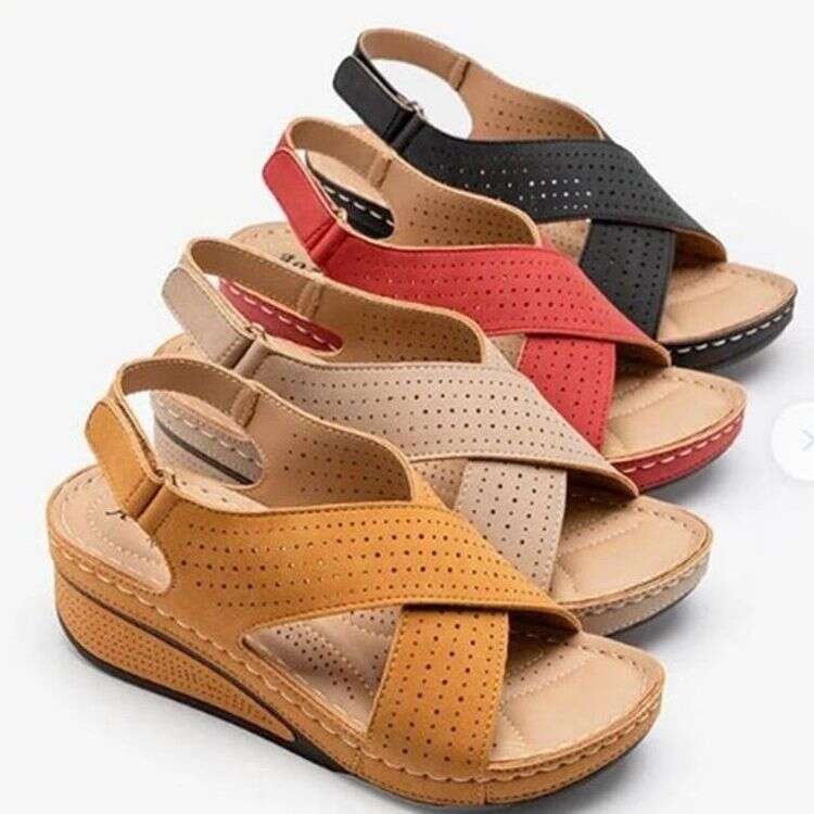 Summer 2023 New Sandals Wedge Stitched Breathable Velcro Hollow Large Size Women's Shoes
