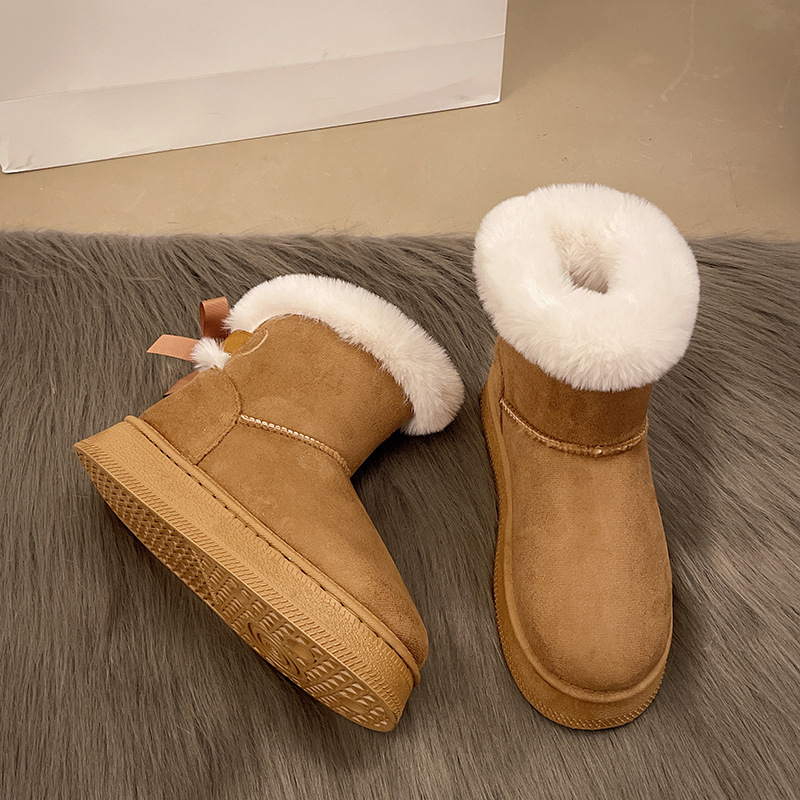 Fleece - Lined and Thickened Snow Boots with Slip - On Design new Winter Style Thick Sole Furry Opening Bow - Knot Warm Large - Size Cotton Shoes