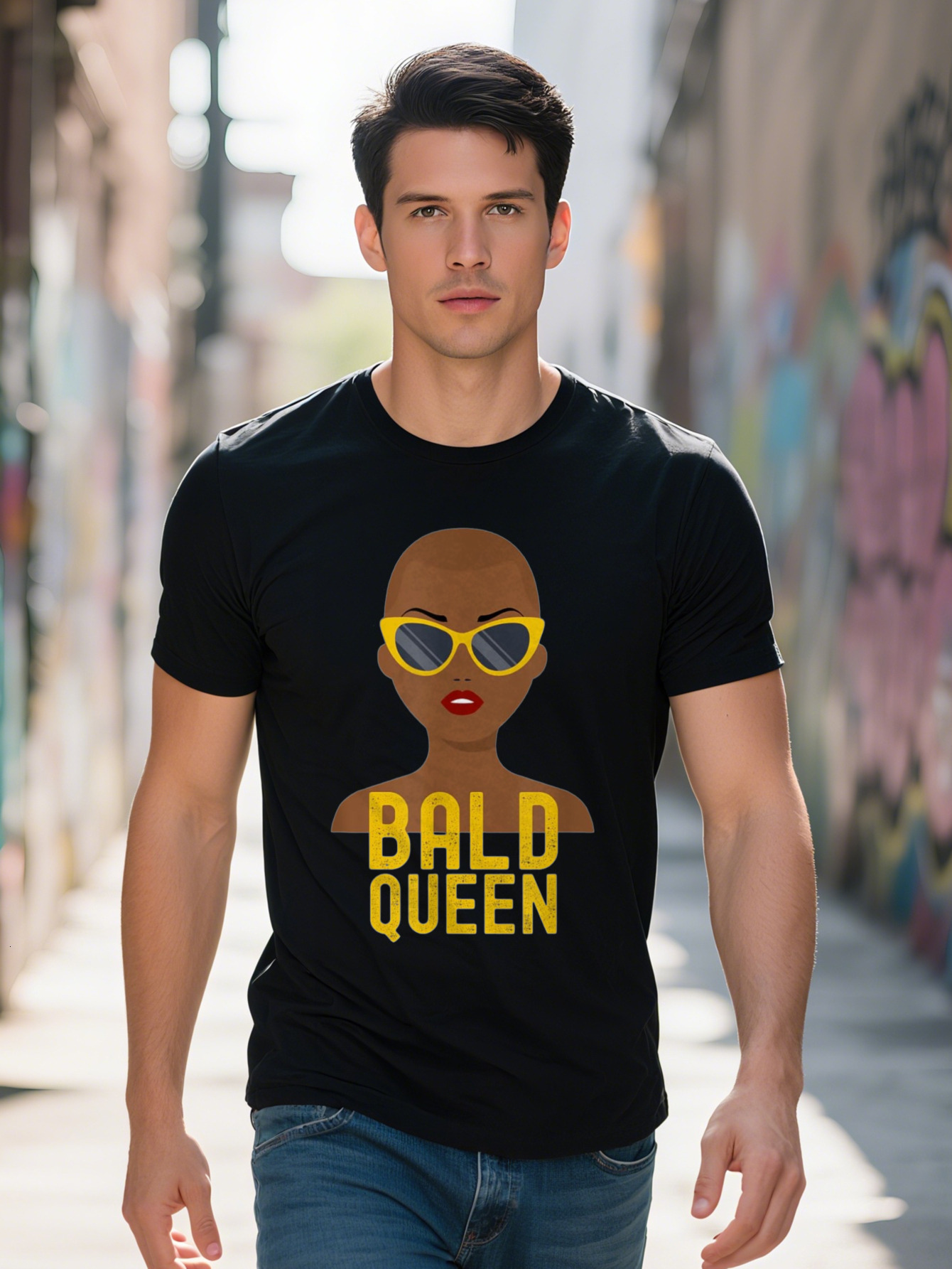 Men s g Cotton T Shirt Bold Bald Queen African American Woman Graphic with Yellow Text Fashion Glasses 14820 a7286