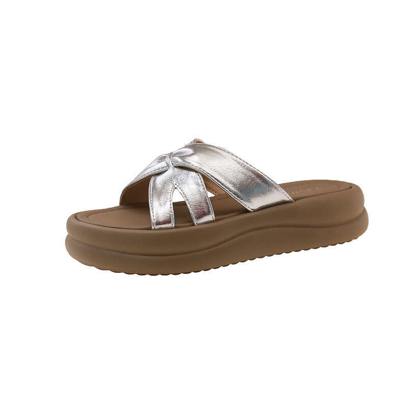 French Style Thick-Soled Sandals Women, Summer 2025 New Cross-Strap Flat High-End Feel, Suitable for designer shoes Skirts, One-Strap Slippers