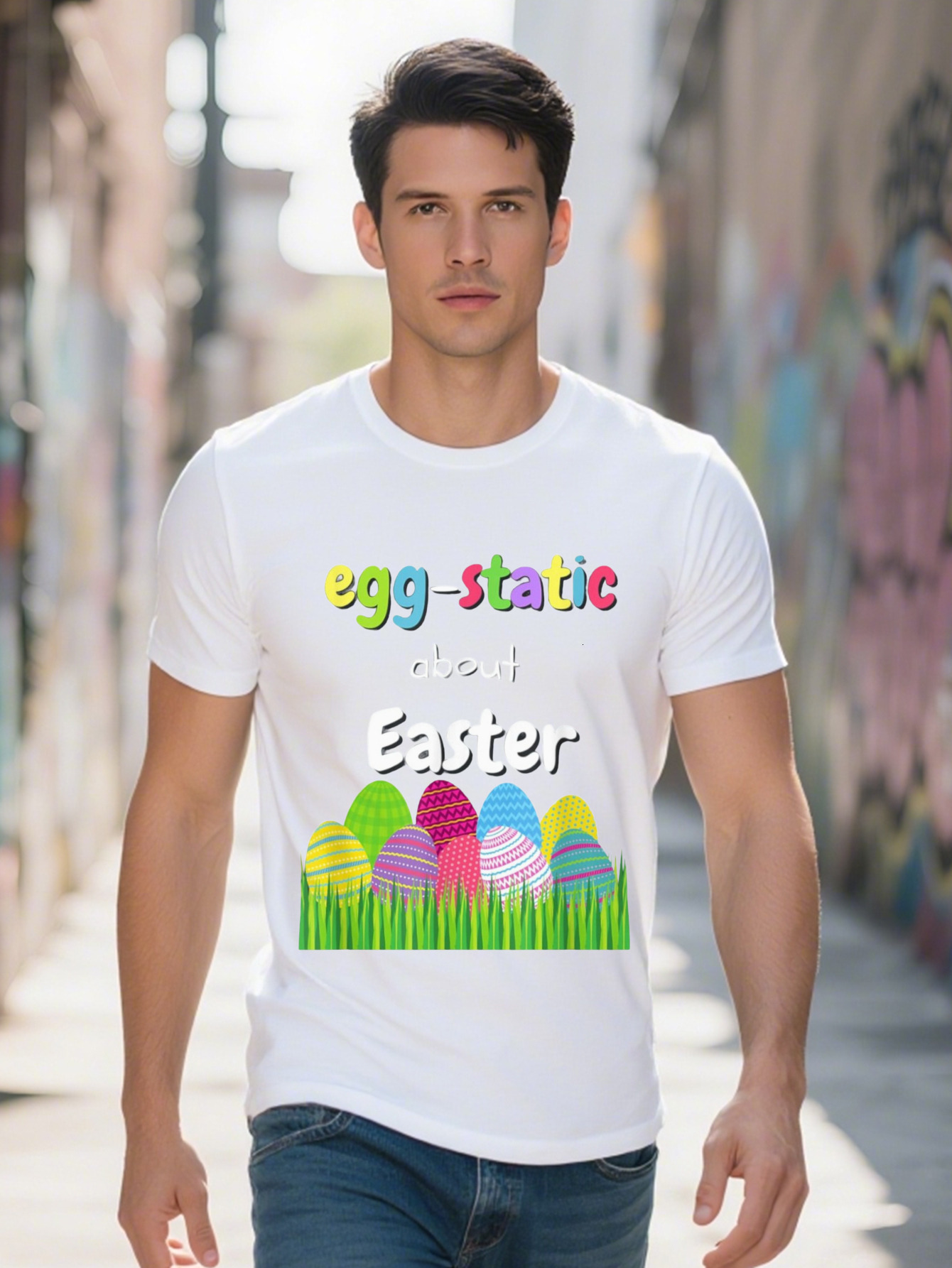 Men s g Cotton T Shirt Funny Egg Static About Easter Pun Graphic Tee with Cartoon Eggs Short Sleeve Casual 3e4da