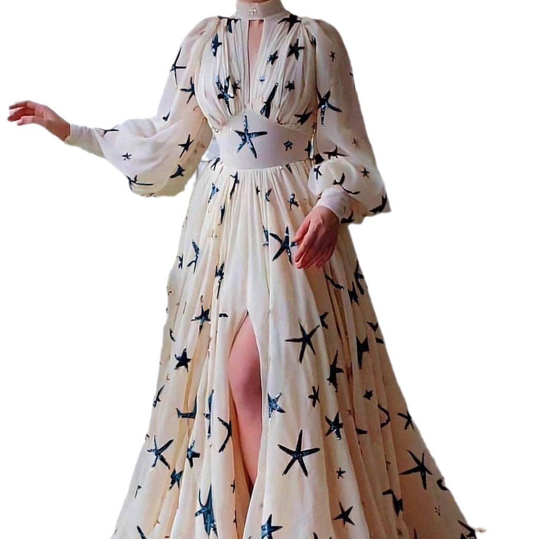 2025 New Multi Color Large Half High Collar Sparkling Lantern Sleeve Horn Chiffon Dress New Designer Dress