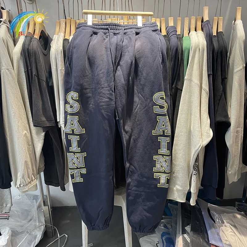 High Street Vintage Washed Dark Blue Casual Pants Classic Letters Print Saint Sweatpants Best Quality Cotton Trousers Tags X250804