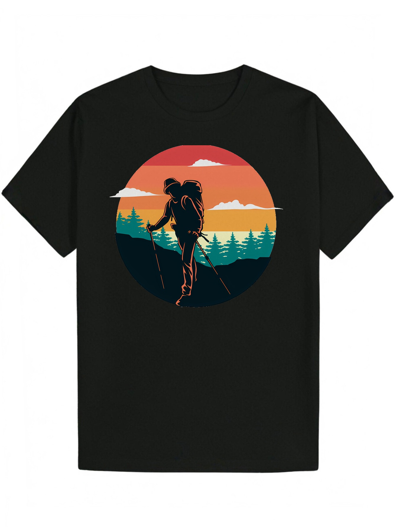 Men's Casual Summer T-Shirt with Hiking Outline Design - Black Polyester, Round Neck, Lightweight and Breathable, Suitable for Activities, Outdoo