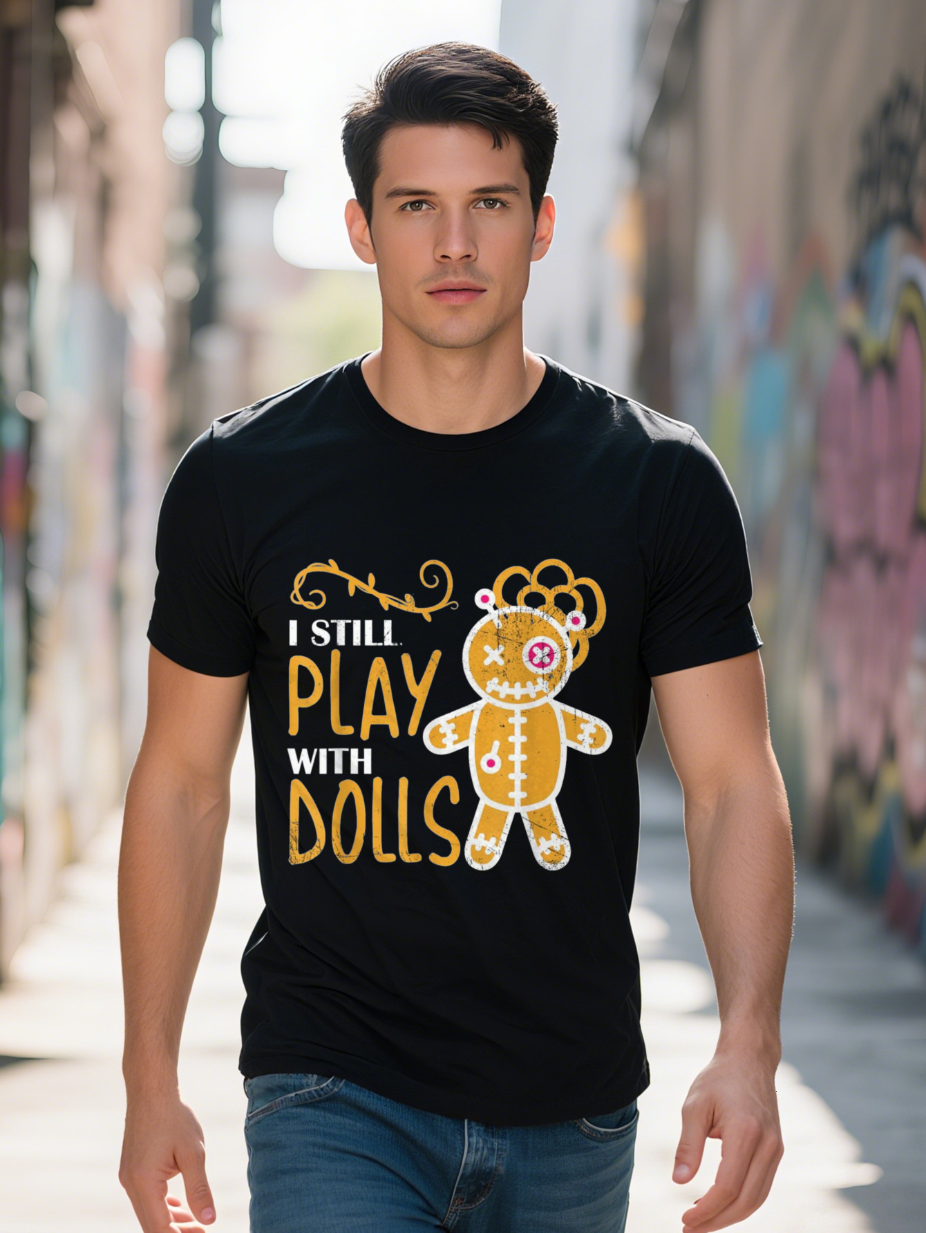 Men s I Play Dolls T Cotton Fun Costume with Voodoo Doll Design Black Casual Short Sleeve Shirt Adults 7de3f