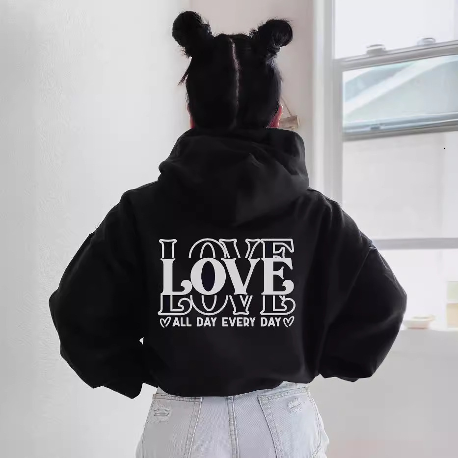 Free shipping designer New Women Drop Shoulder Sleeve Fleece Sweatshirt LOVE Letter Print Kangaroo Pocket Drawstring Print Hoodie High quality clothin