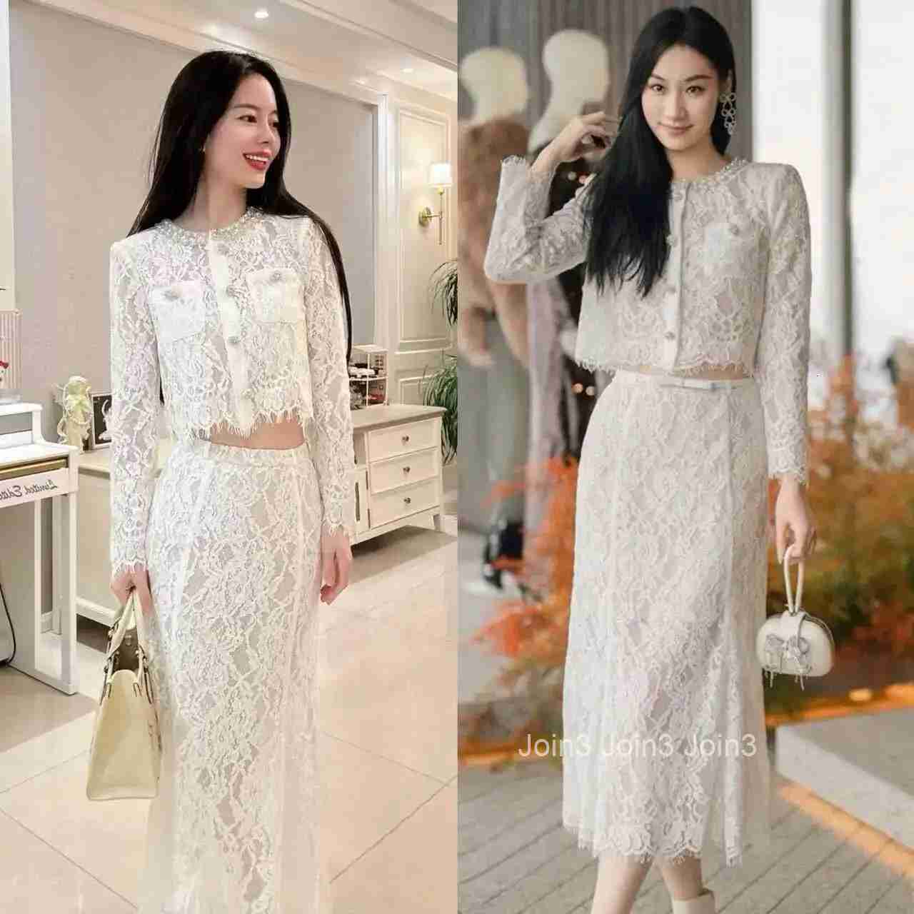 Luxury Lace Long Dresses 2 Pieces Women Skirts Sets Summer Holiday Crystal Beading White Jacket Top Hollow Out Long Skirts Suits