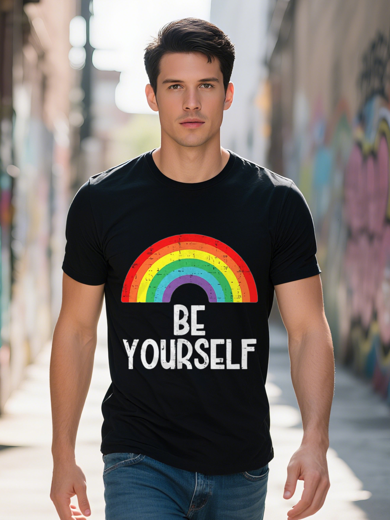 Men s Cotton T Shirt Be Yourself Rainbow Pride Design Black with Colorful Stripes White Text Casual Short 81567 27e12