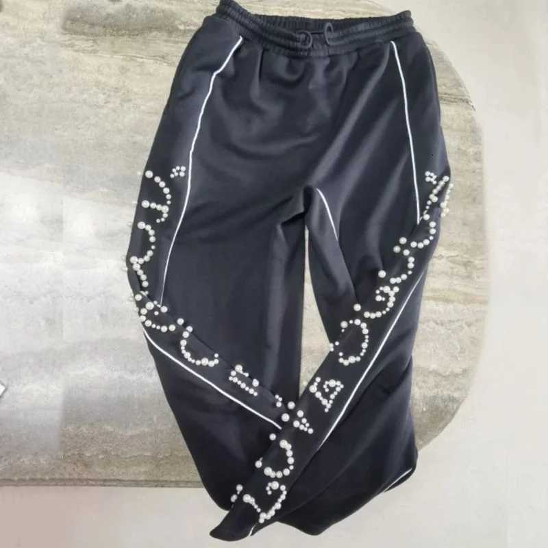 Pearl Slogan Stitching Silhouette Goodbrand Sweatpants Fashion Street Casual Drawstring Pants Men Women Black Trousers X250804