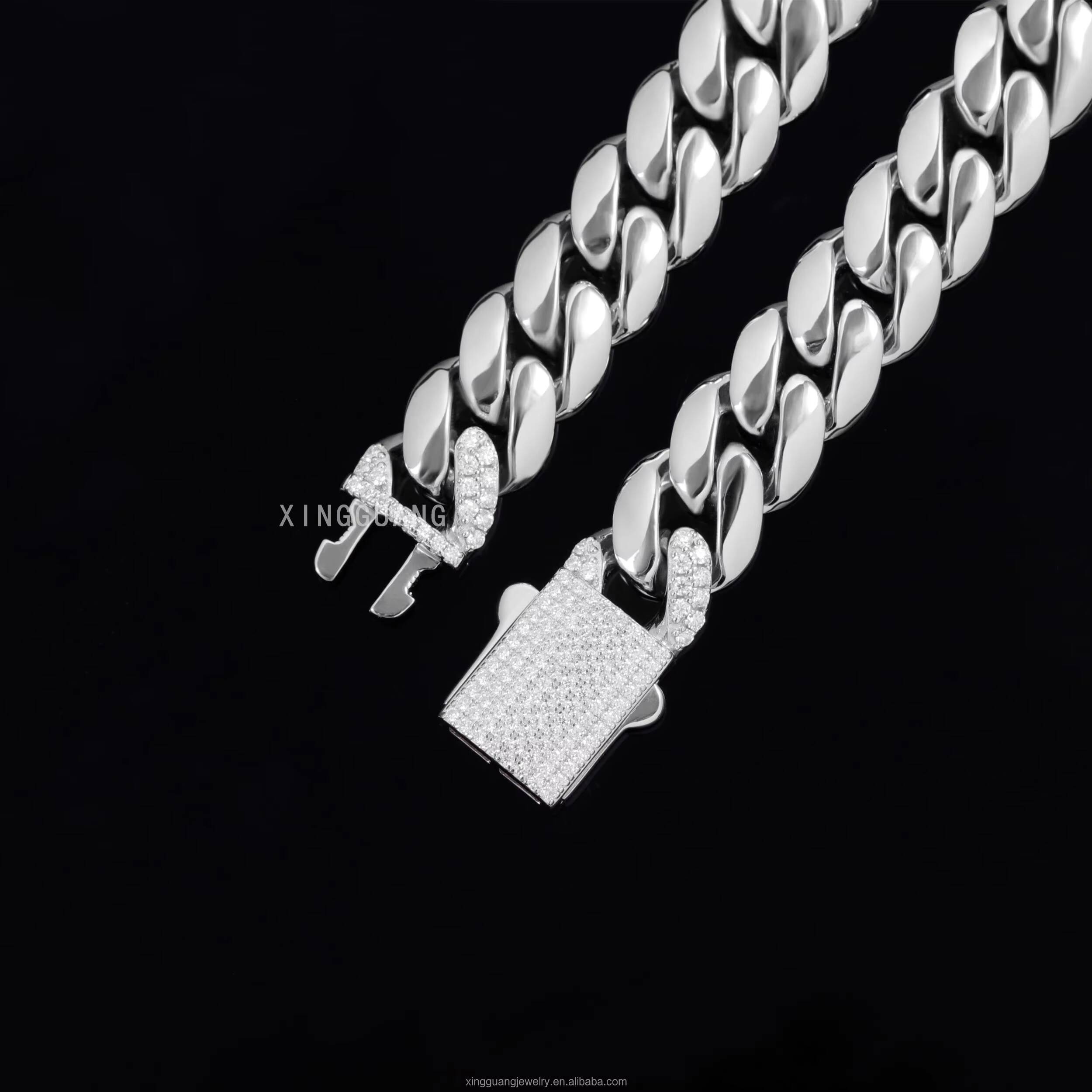 New Design Cuban Link Chain Hip Hop Jewelry 10mm 12mm Solid Silver Ice Out Bling Moissanite 100% Pass Test Cuban Necklace Link