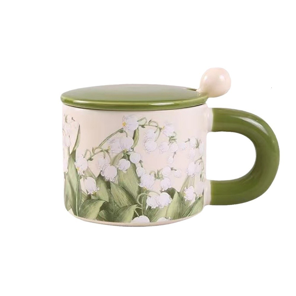 Light Luxury Flower Ceramic Cup with Lid and Spoon, High-Value Home Drinking Office Coffee Tea Cup, Mug