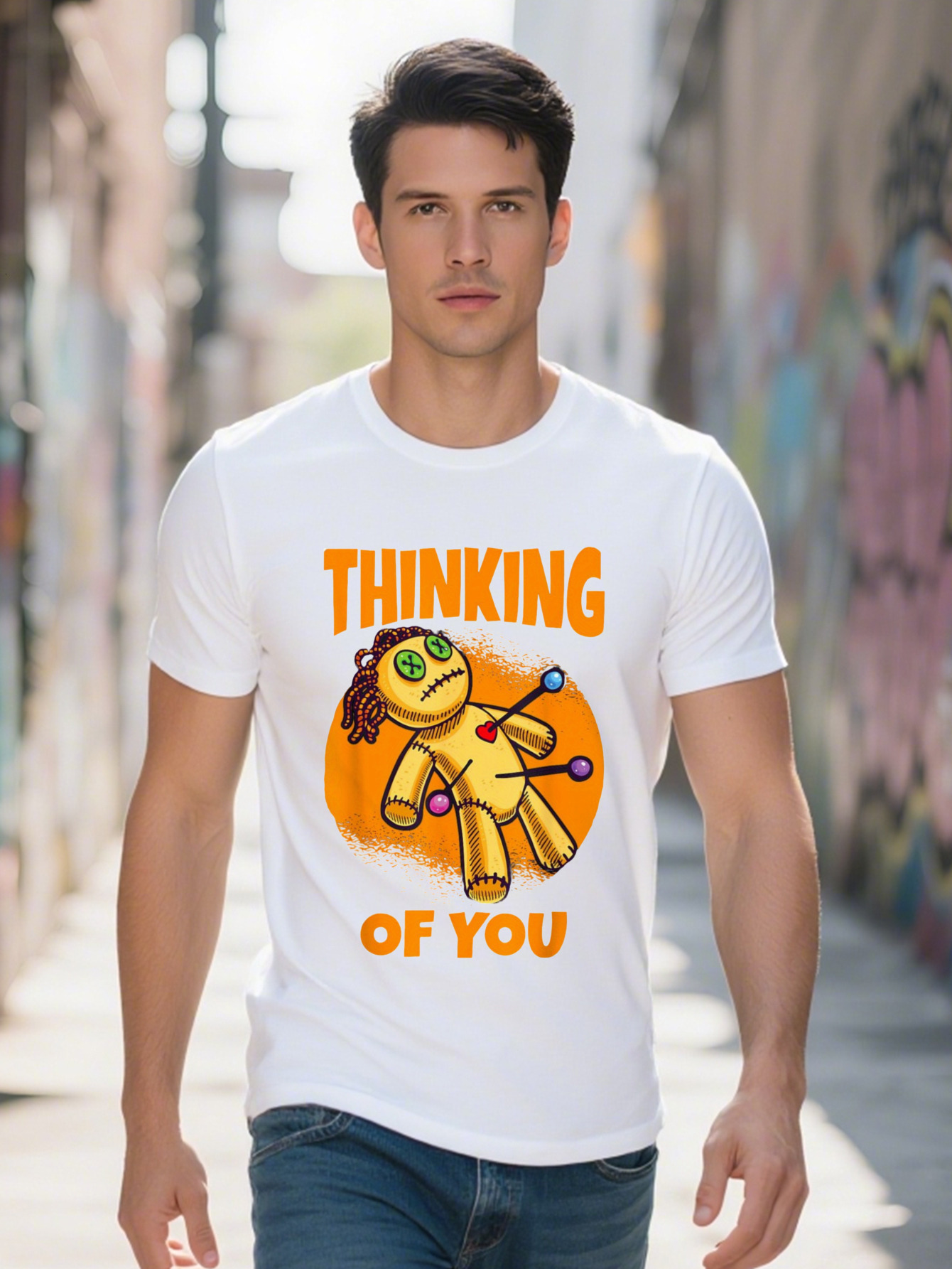 Men s Voodoo Doll Graphic T Shirt Cotton Short Sleeve Funny Thinking of You Design with Colorful Lights e165d