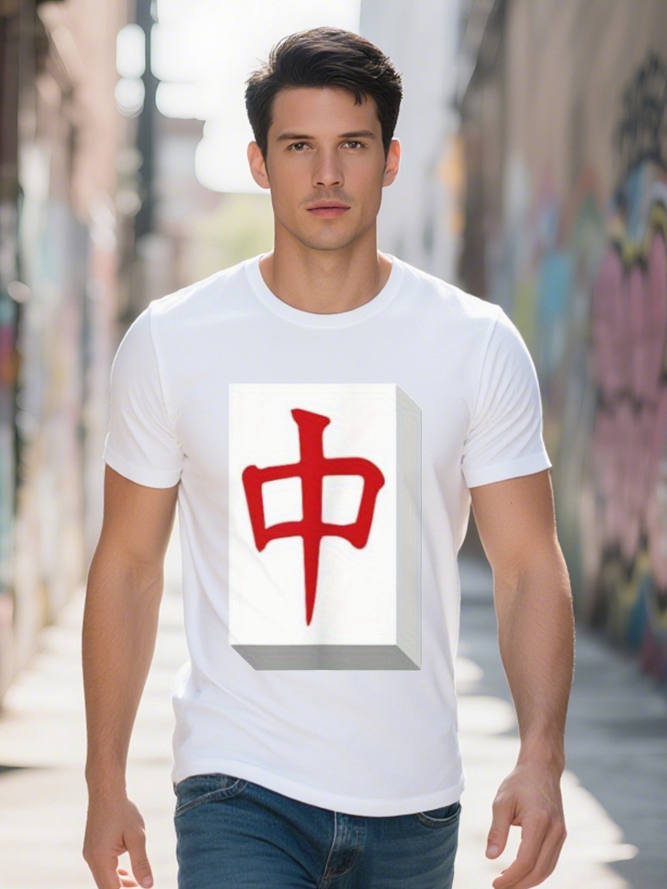 Men s Black Cotton T-Shirt with Red Mahjong Dragon Design Casual Short Sleeve Tee for All Seasons Chinese Game