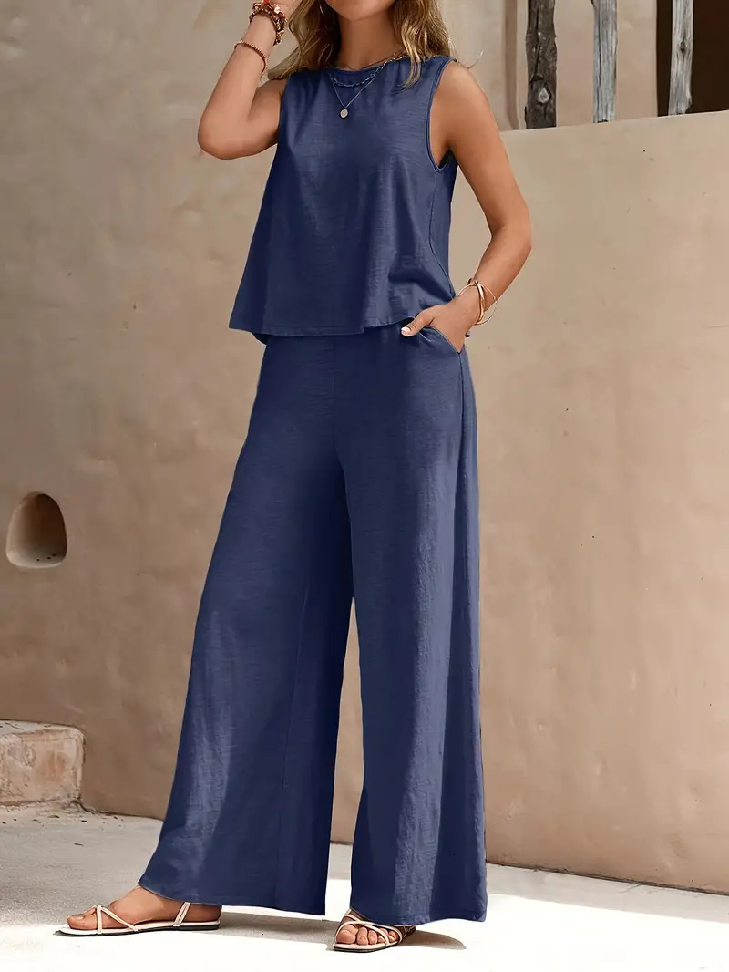 Elegant Chic Womens 2 Pieces Sets Woman 2025 Tracksuits Fashion 2pcs Outfits Suits Tank Tops and Wide Leg Pants Sets 250417